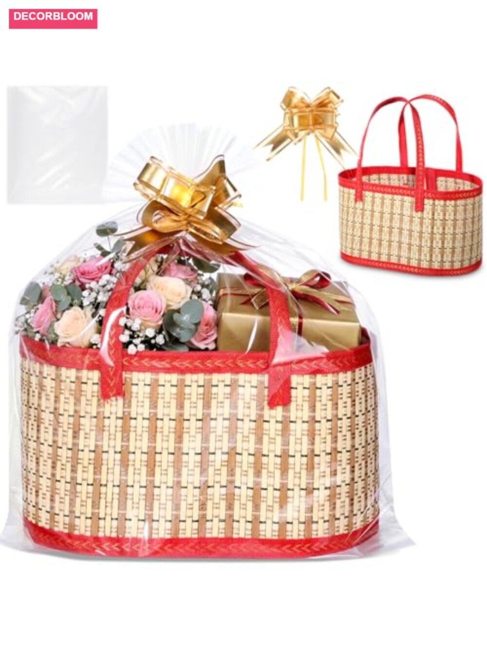 Empty Woven Bamboo Gift Basket with Handle Foldable Gift Wrap Set
